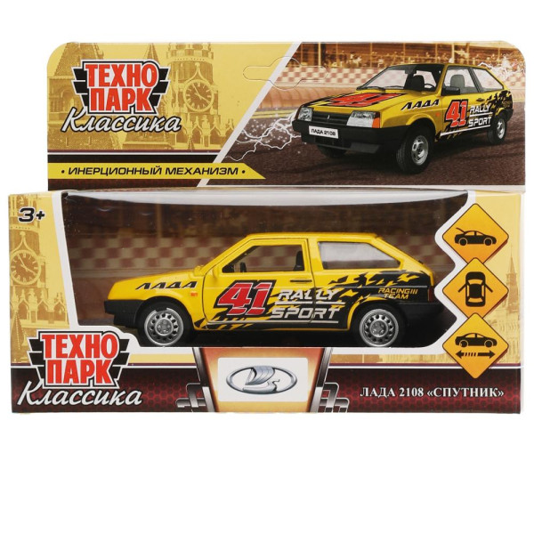 326436 Машина металл LADA -2108 "СПУТНИК" СПОРТ, 11,7см, двер, баг.,ин., желтый,кор Технопарк